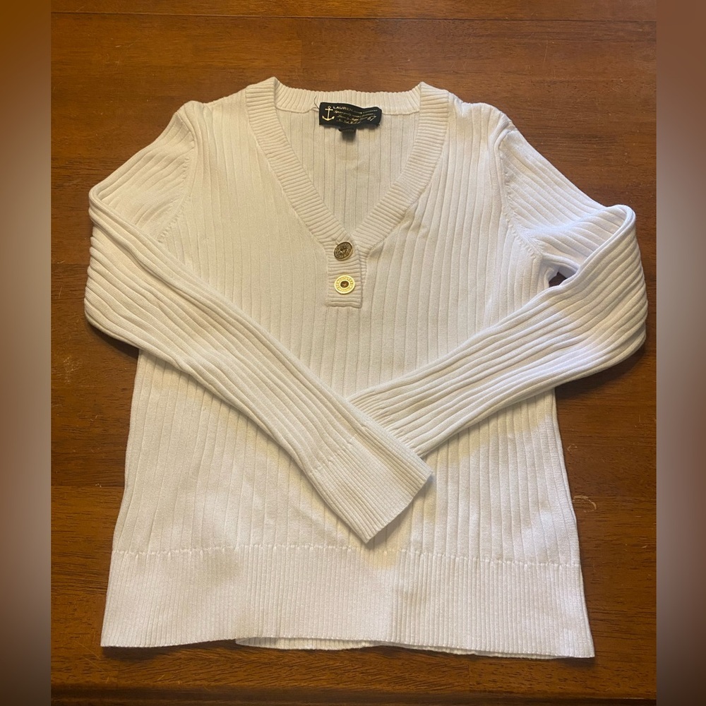 Lauren Ralph Lauren Cream Ribbed V-Neck Top with Button Detail
